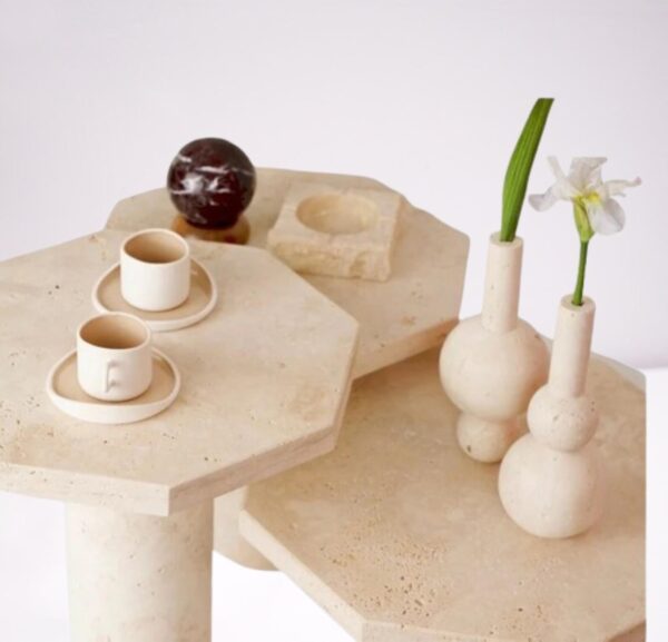 TRAVERTINE COFFEE TABLE, Set of 3, Marble Side Table, Natural Stone End Table, Contemporary Pedestal Table, Unique Coffee Table Set 3